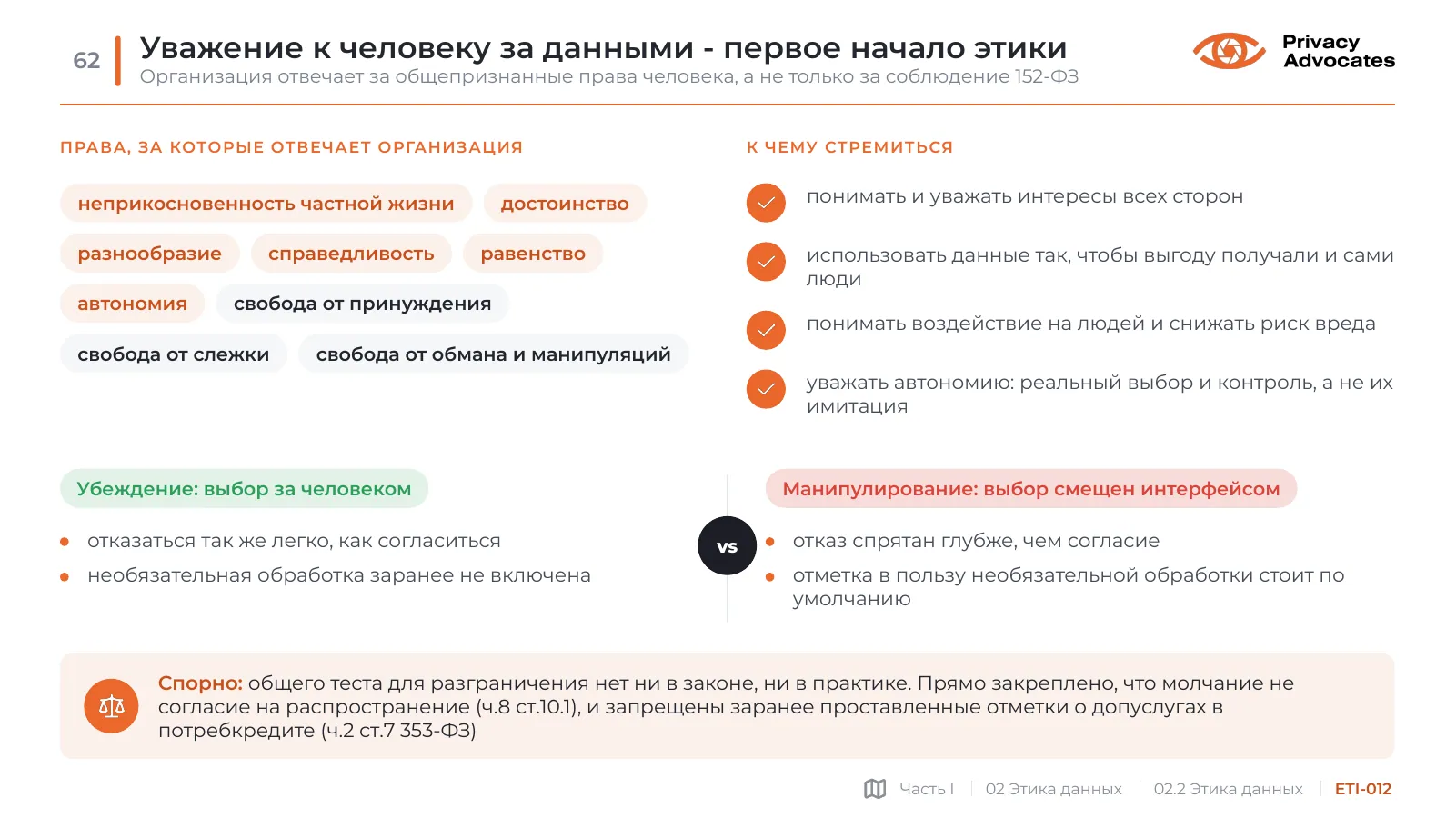 Слайд ETI-012: Уважение к человеку за данными - первое начало этики