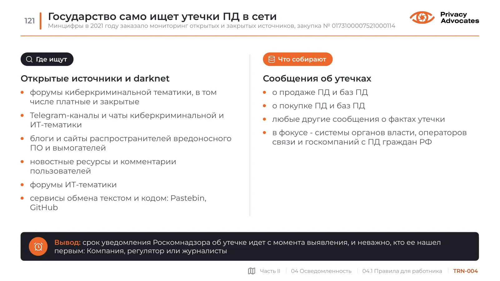 Слайд TRN-004: Государство само ищет утечки ПД в сети