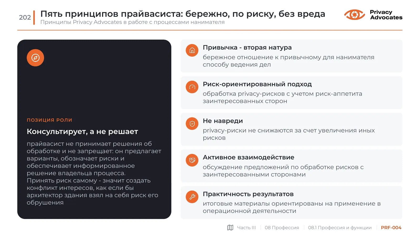 Слайд PRF-004: Пять принципов прайвасиста: бережно, по риску, без вреда