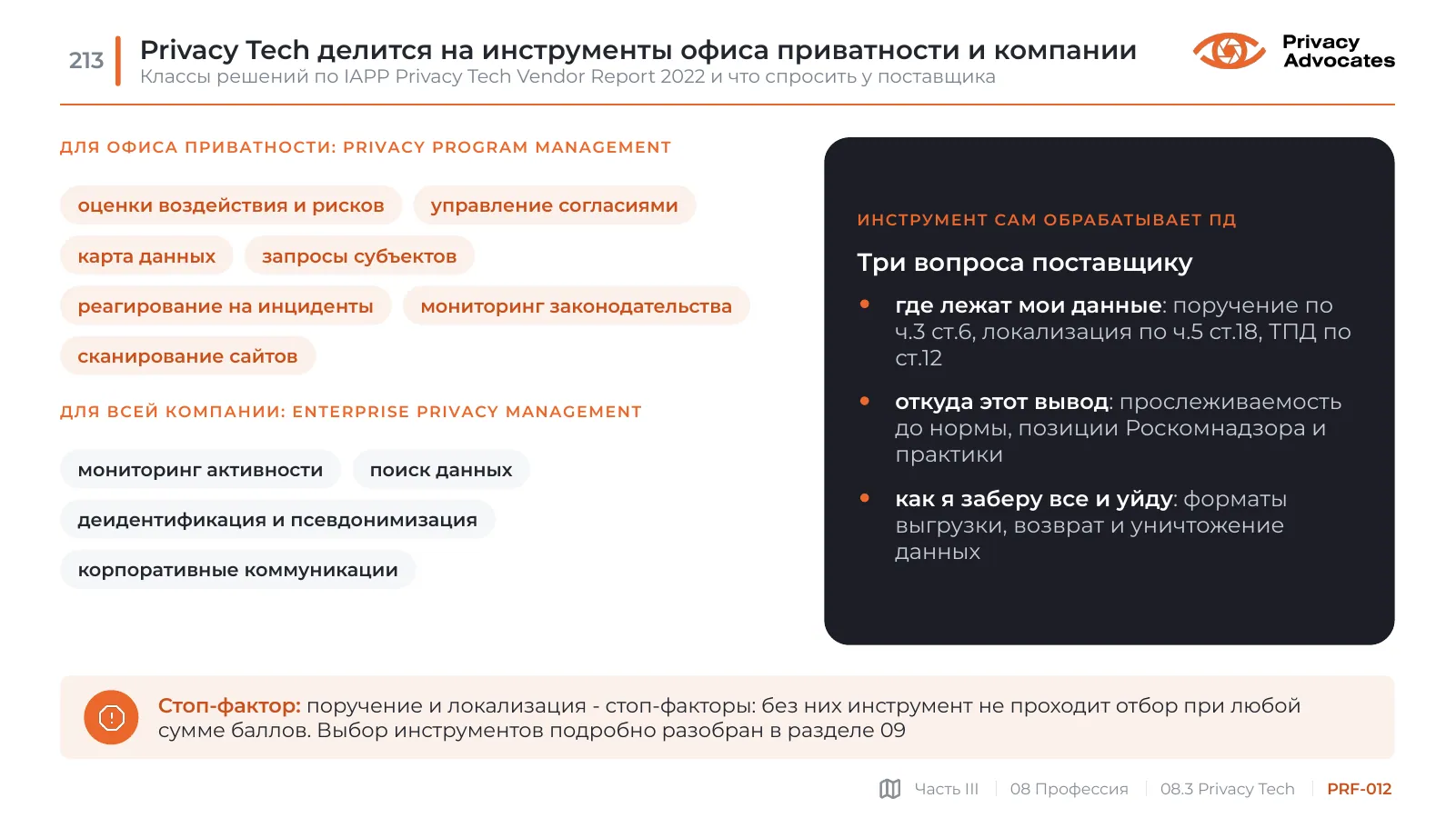 Слайд PRF-012: Privacy Tech делится на инструменты офиса приватности и компании