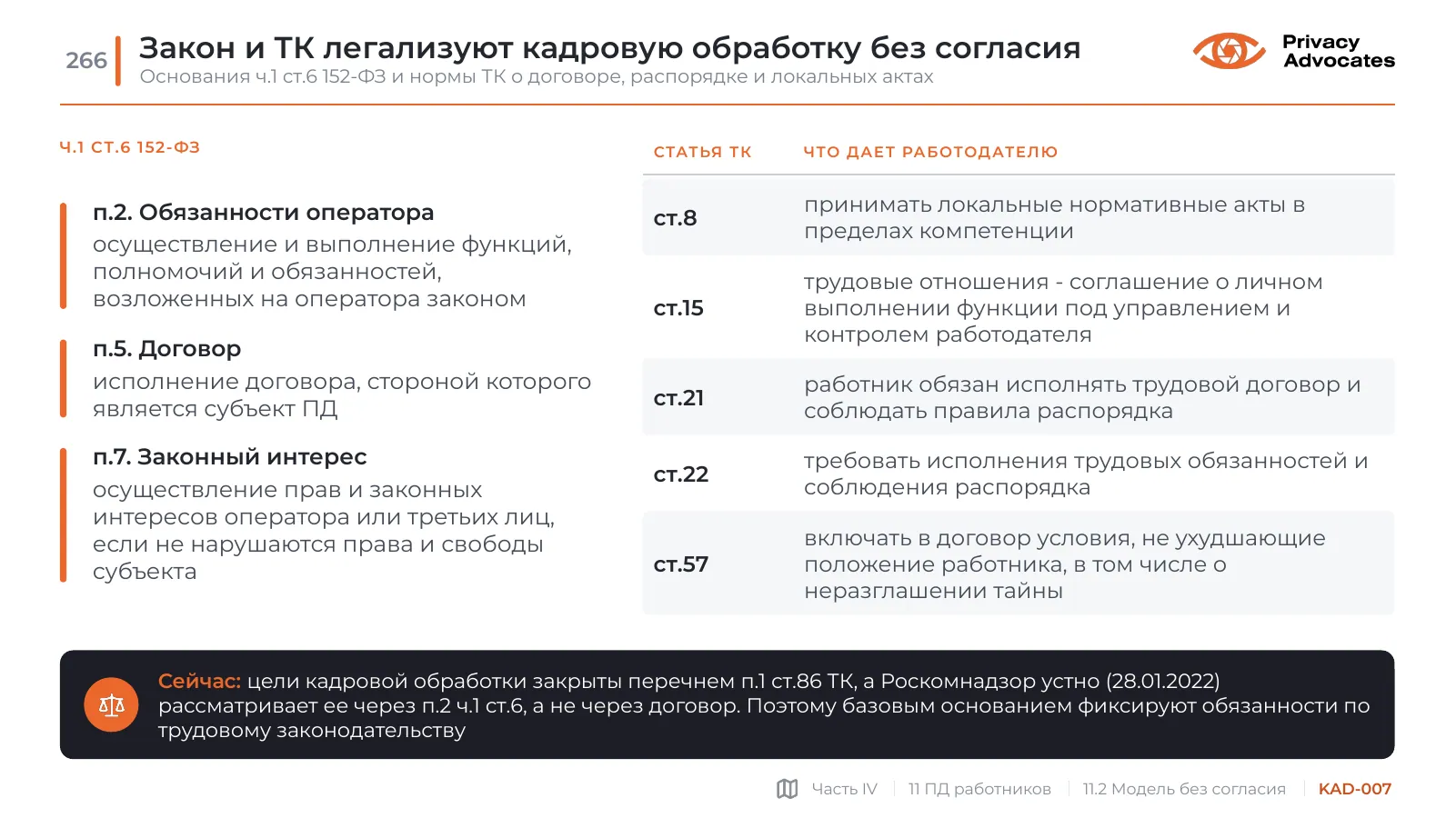 Слайд KAD-007: Закон и ТК легализуют кадровую обработку без согласия