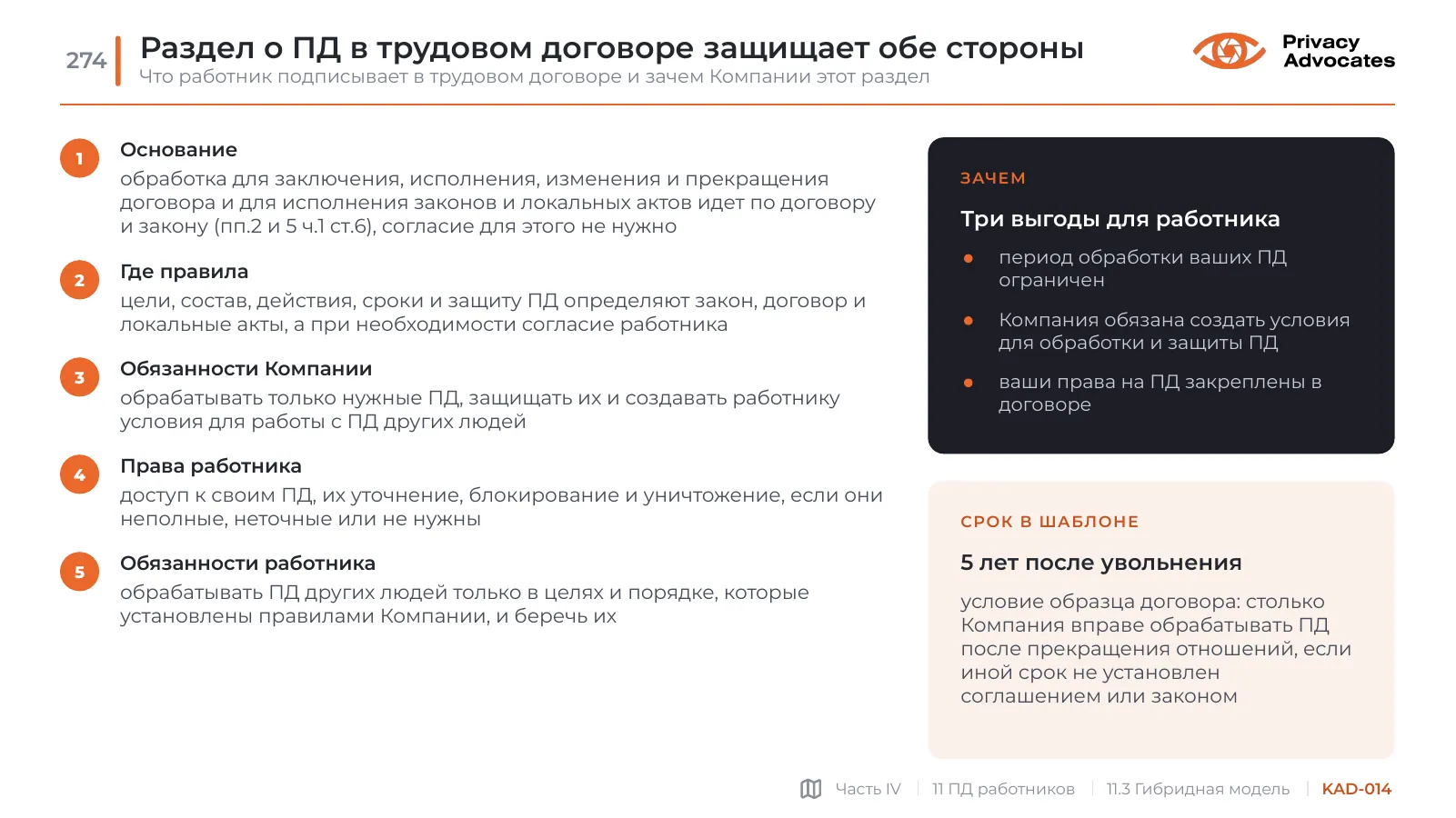 Слайд KAD-014: Раздел о ПД в трудовом договоре защищает обе стороны