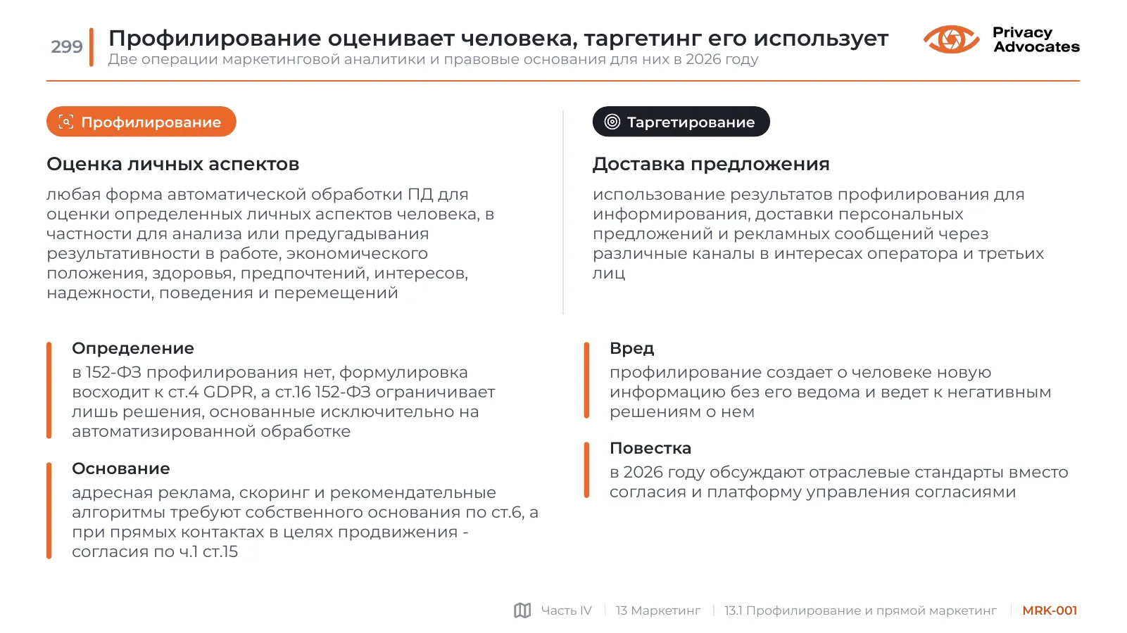 Слайд MRK-001: Профилирование оценивает человека, таргетинг его использует