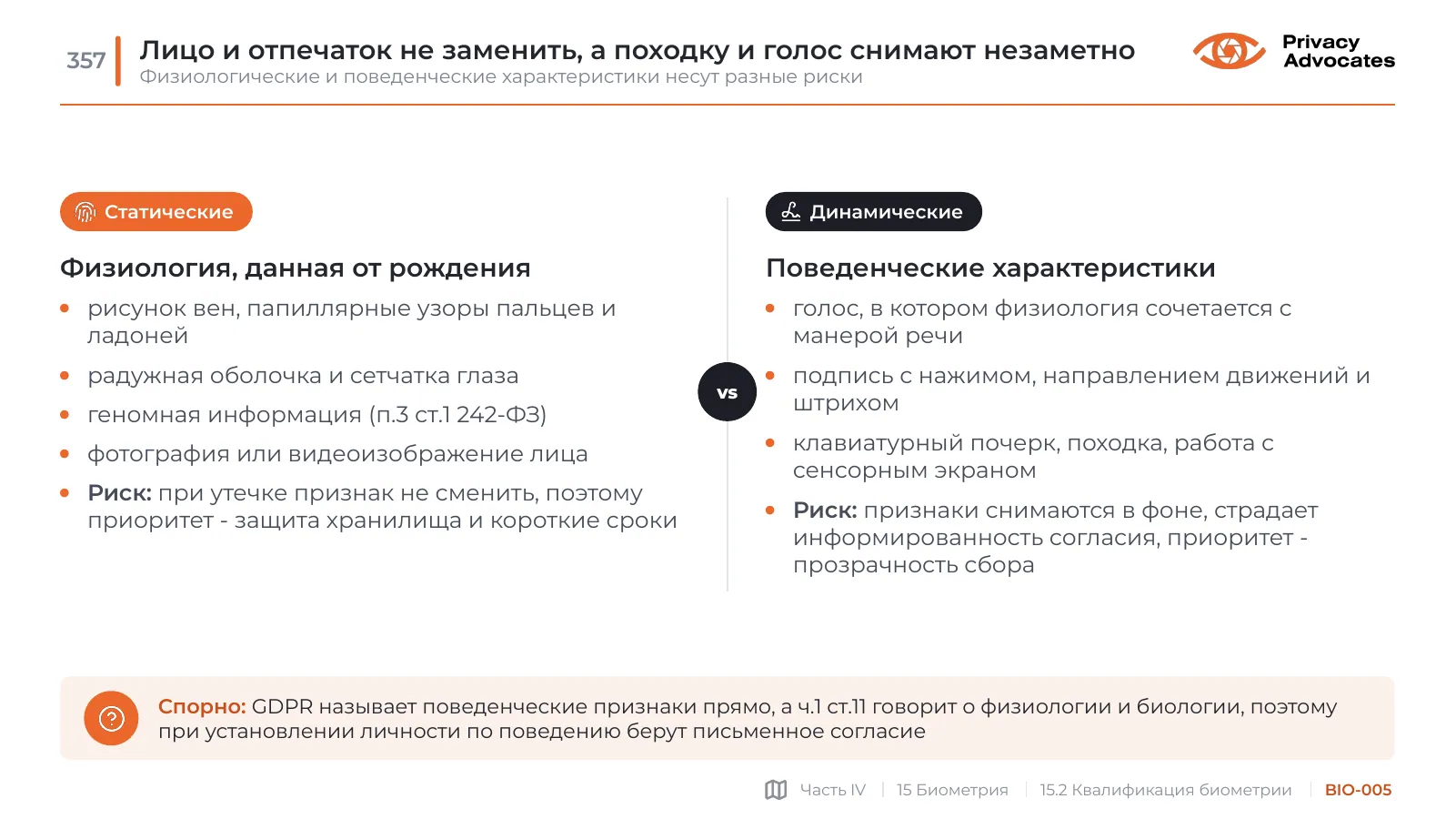 Слайд BIO-005: Лицо и отпечаток не заменить, а походку и голос снимают незаметно