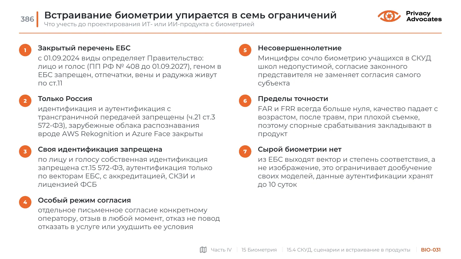Слайд BIO-031: Встраивание биометрии упирается в семь ограничений
