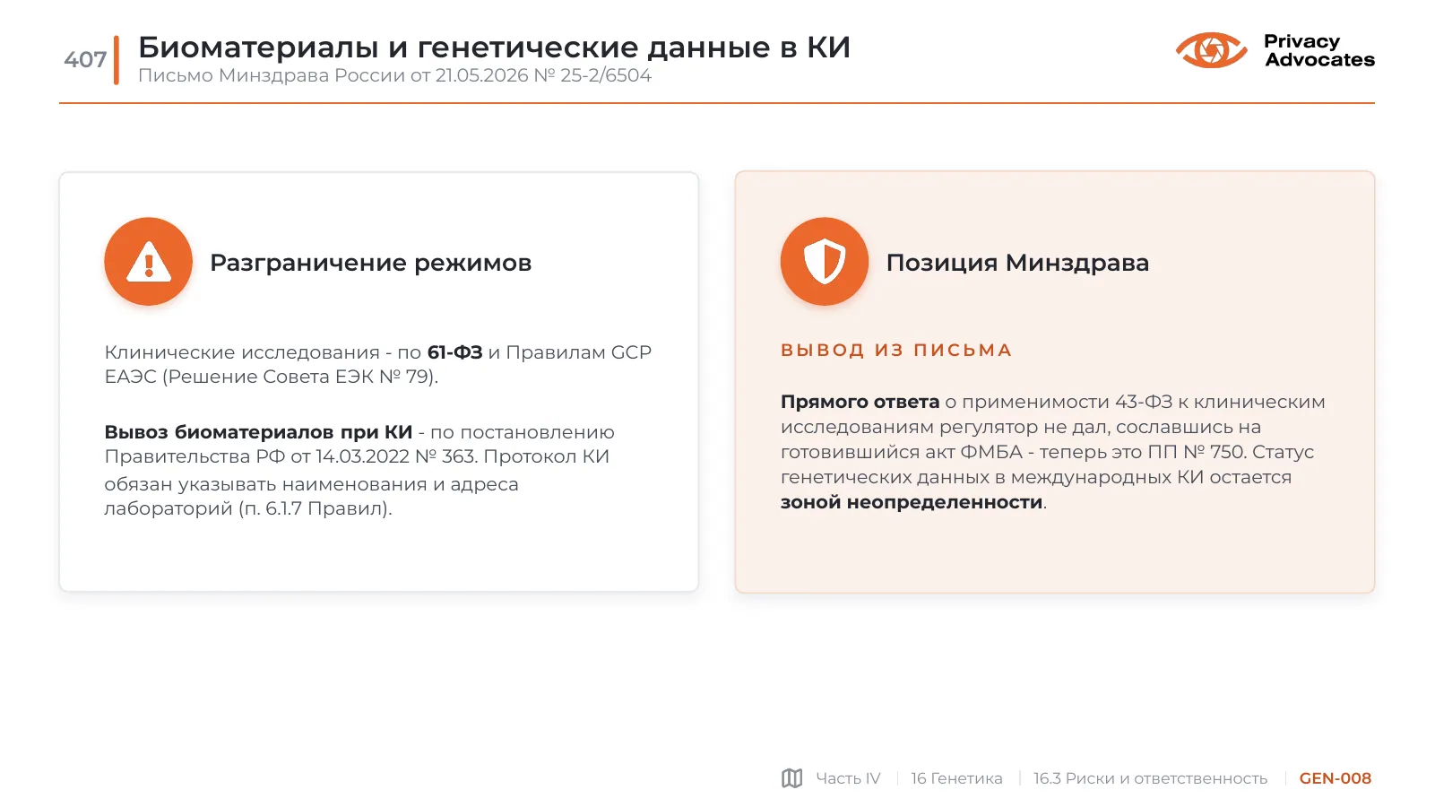Слайд GEN-008: Биоматериалы и генетические данные в КИ