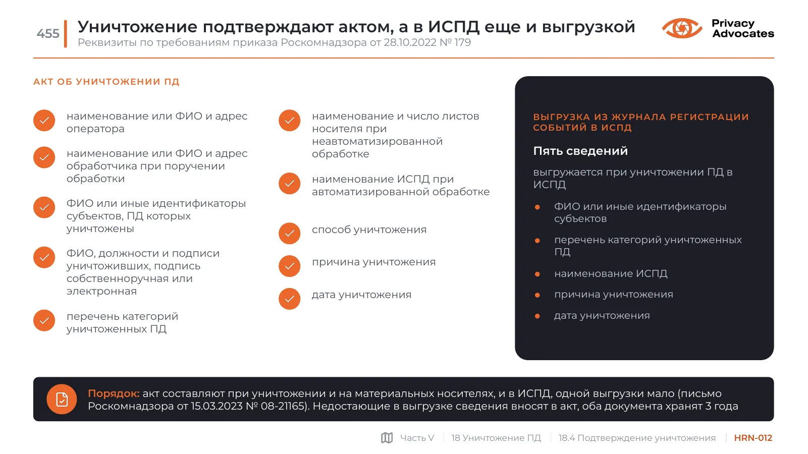 Слайд HRN-012: Уничтожение подтверждают актом, а в ИСПД еще и выгрузкой