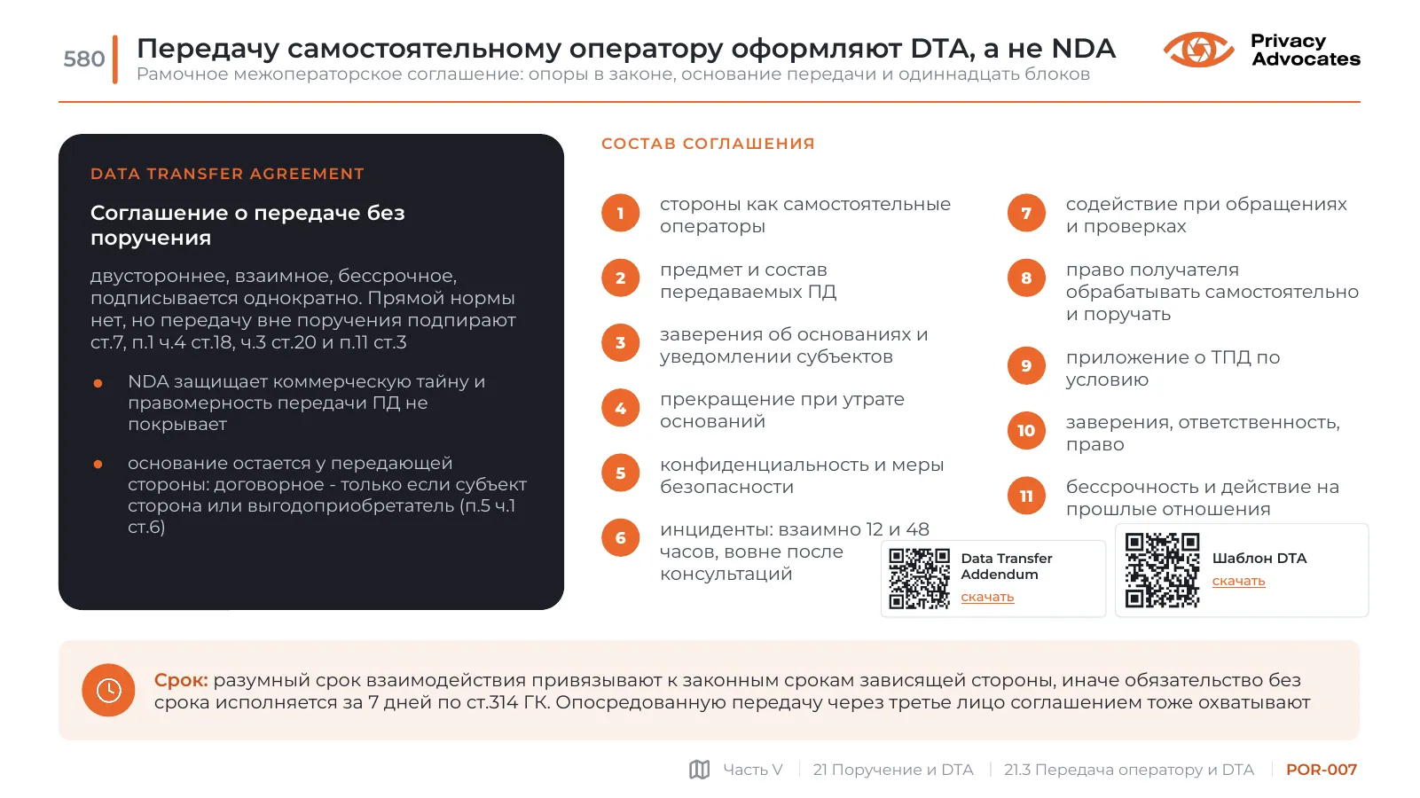 Слайд POR-007: Передачу самостоятельному оператору оформляют DTA, а не NDA