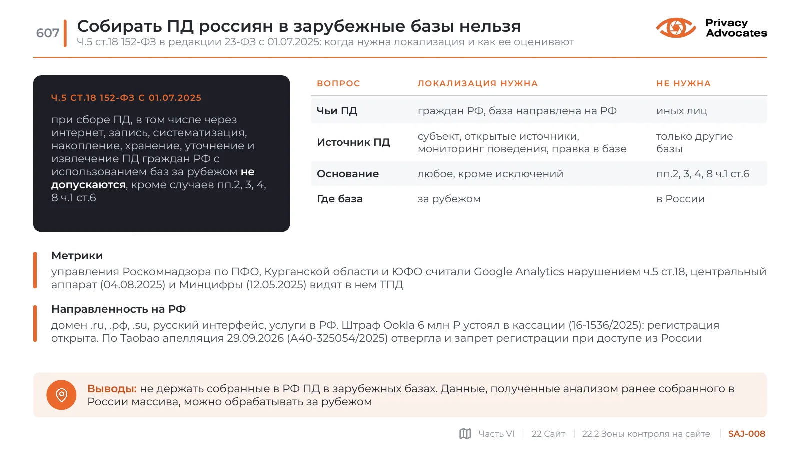 Слайд SAJ-008: Собирать ПД россиян в зарубежные базы нельзя