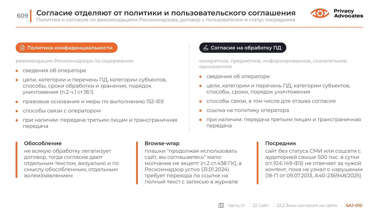 Слайд SAJ-010: Согласие отделяют от политики и пользовательского соглашения
