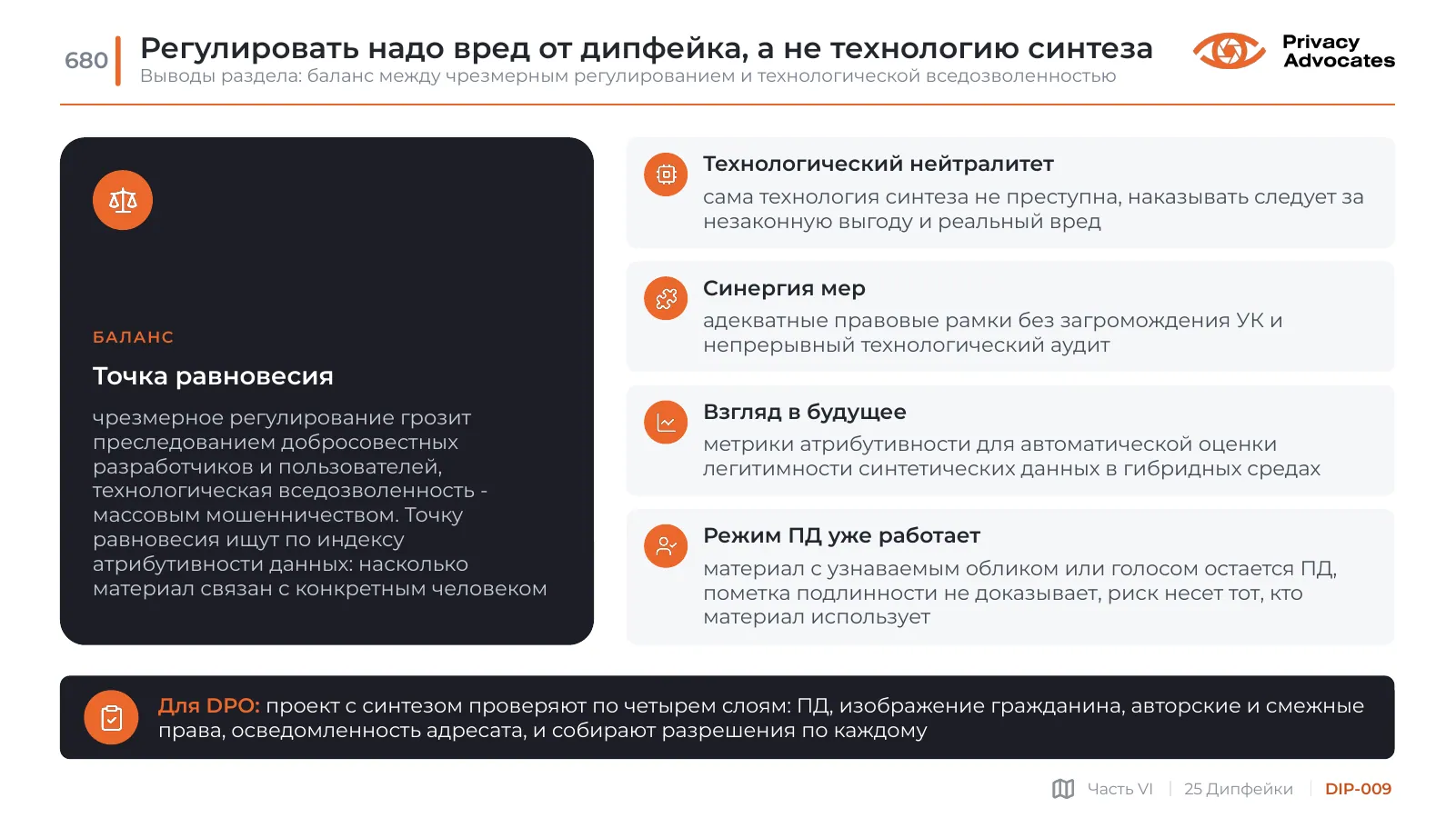 Слайд DIP-009: Регулировать надо вред от дипфейка, а не технологию синтеза