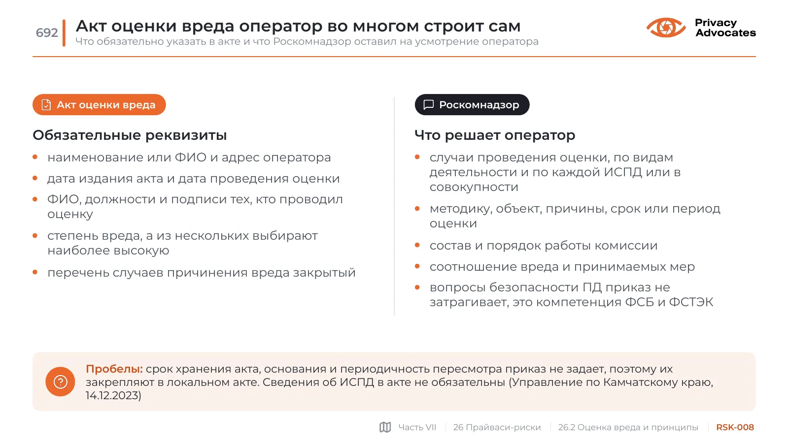 Слайд RSK-008: Акт оценки вреда оператор во многом строит сам