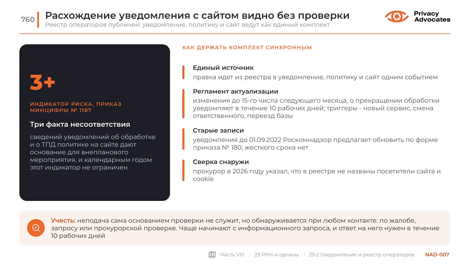 Слайд NAD-007: Расхождение уведомления с сайтом видно без проверки