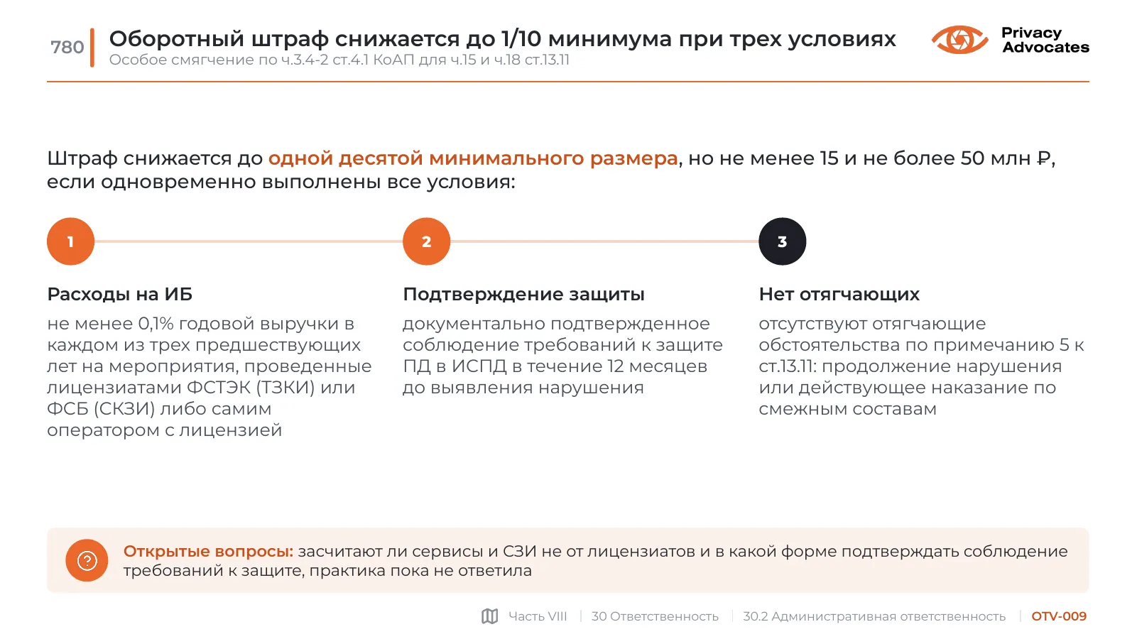 Слайд OTV-009: Оборотный штраф снижается до 1/10 минимума при трех условиях