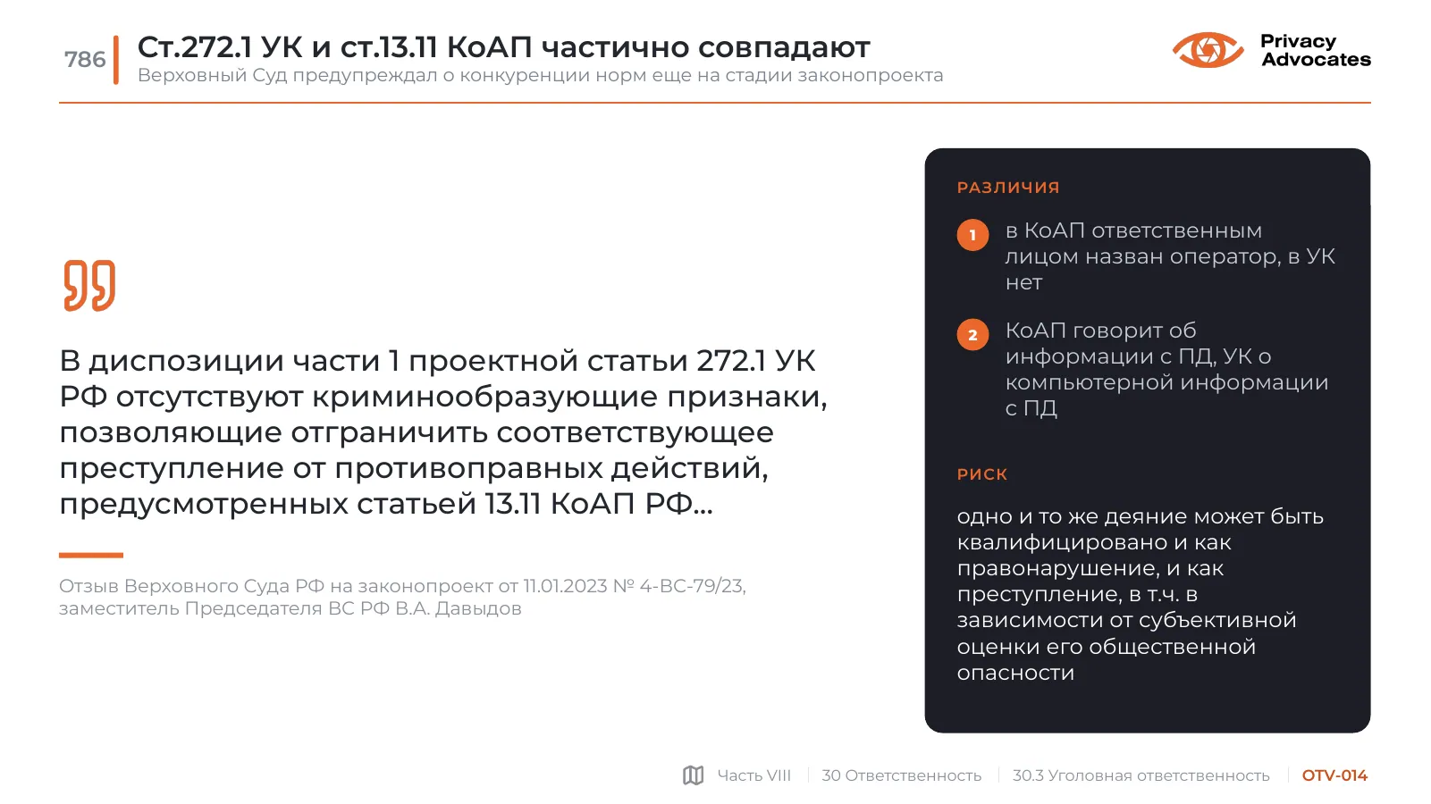 Слайд OTV-014: Ст.272.1 УК и ст.13.11 КоАП частично совпадают