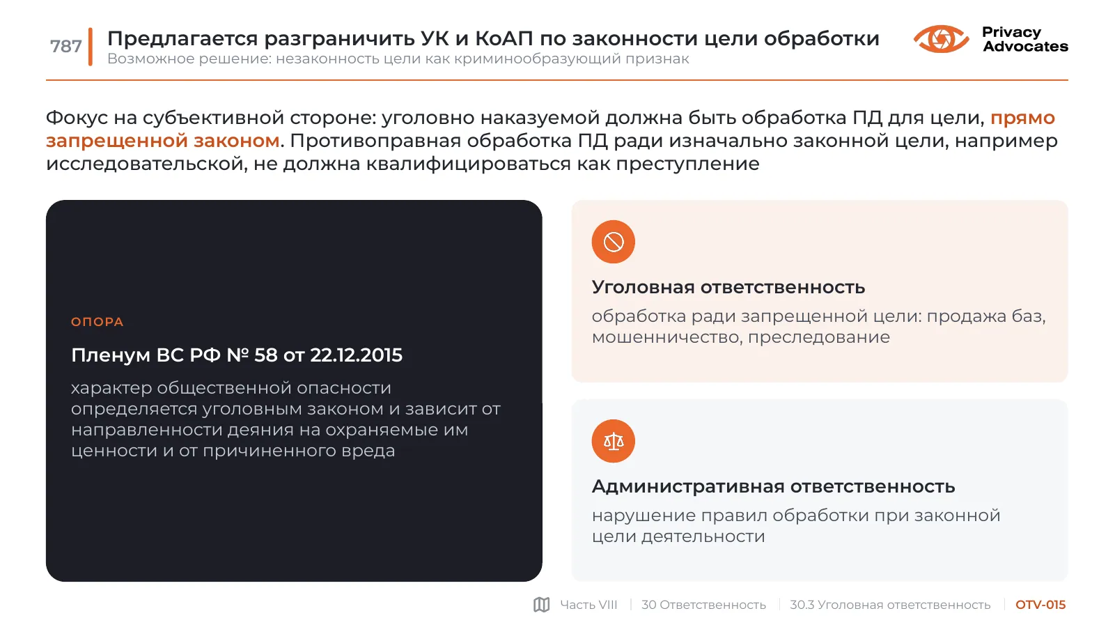 Слайд OTV-015: Предлагается разграничить УК и КоАП по законности цели обработки