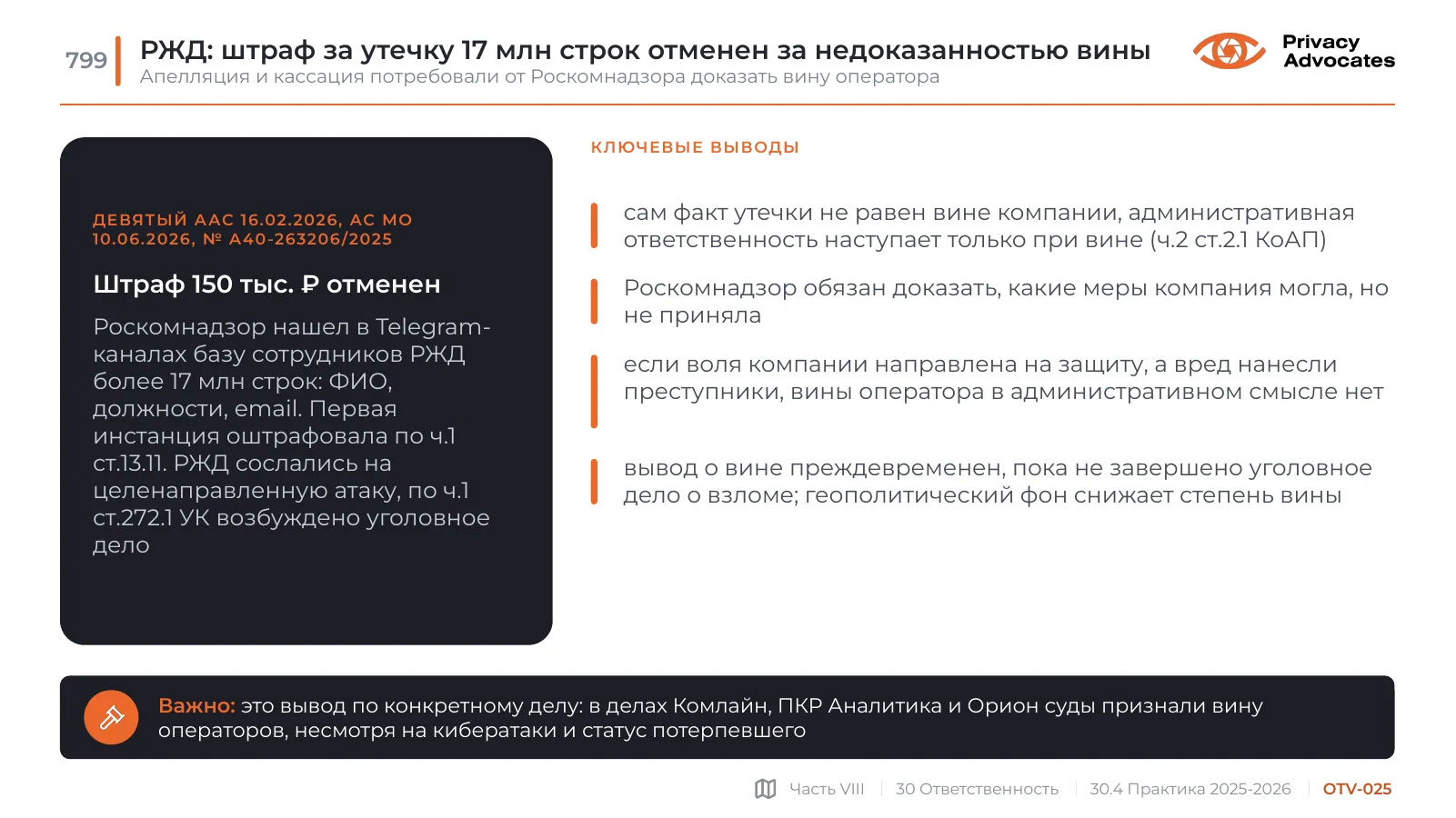 Слайд OTV-025: РЖД: штраф за утечку 17 млн строк отменен за недоказанностью вины