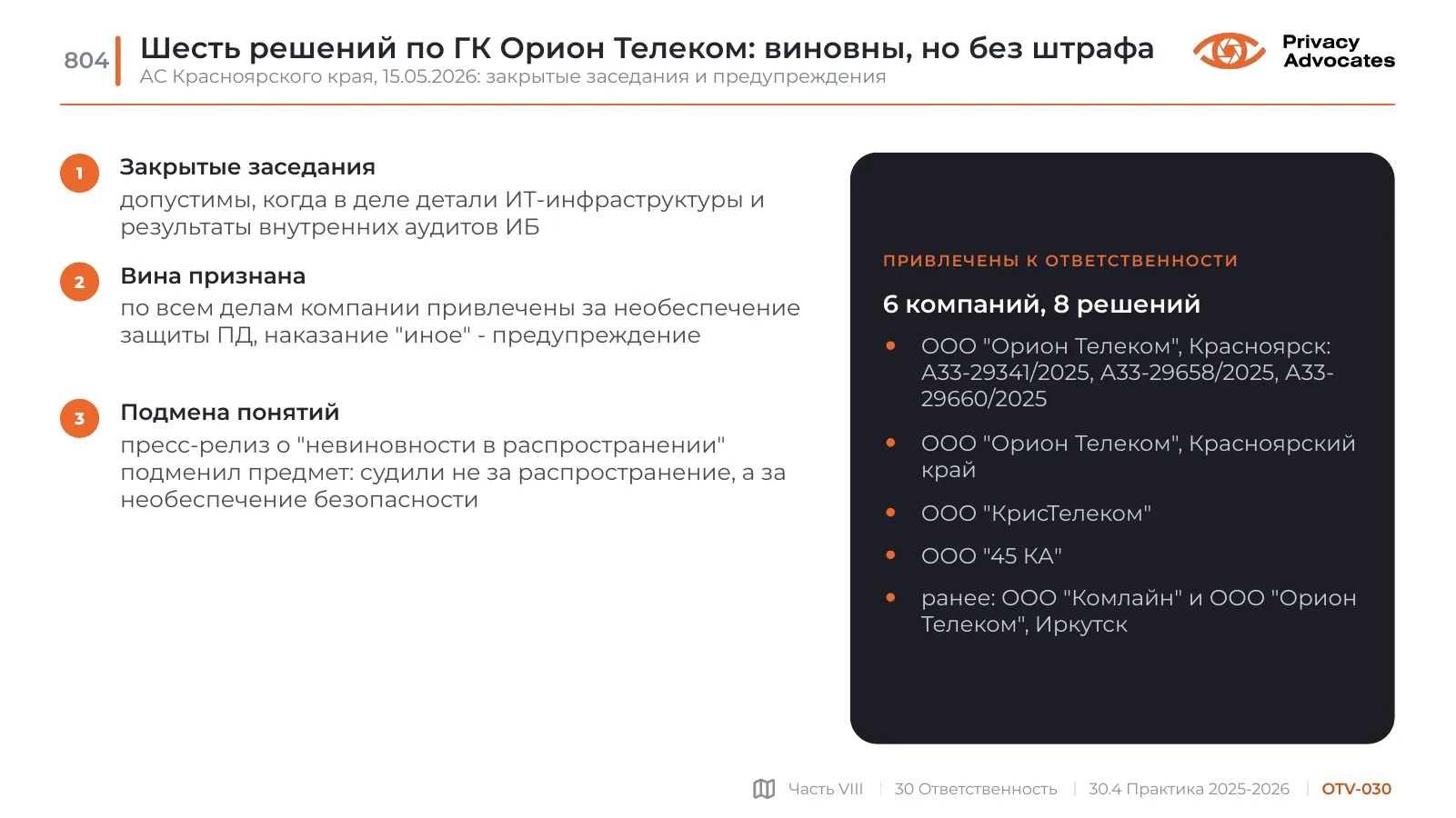 Слайд OTV-030: Шесть решений по ГК Орион Телеком: виновны, но без штрафа