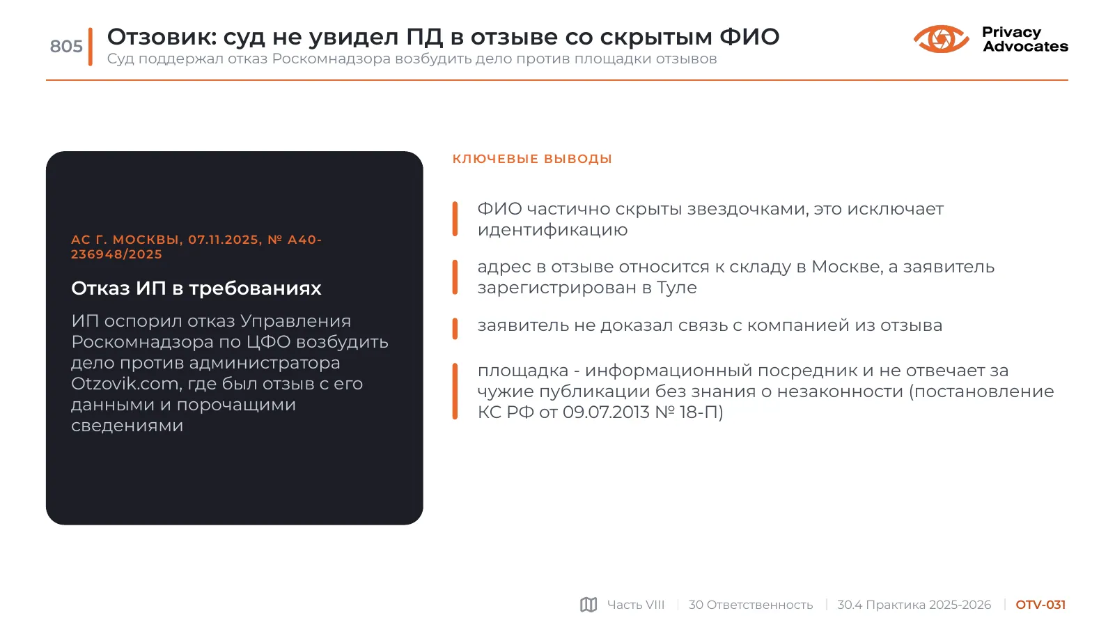 Слайд OTV-031: Отзовик: суд не увидел ПД в отзыве со скрытым ФИО