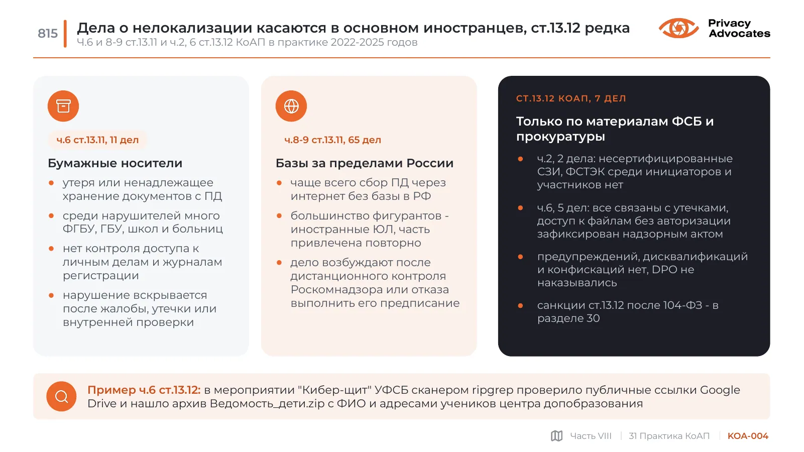 Слайд KOA-004: Дела о нелокализации касаются в основном иностранцев, ст.13.12 редка