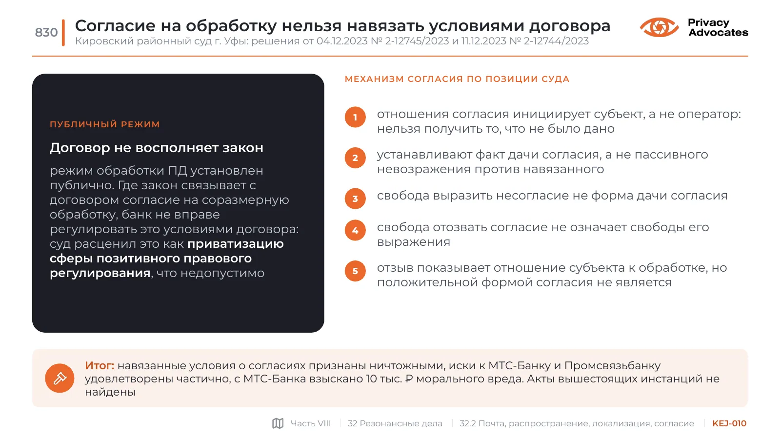 Слайд KEJ-010: Согласие на обработку нельзя навязать условиями договора