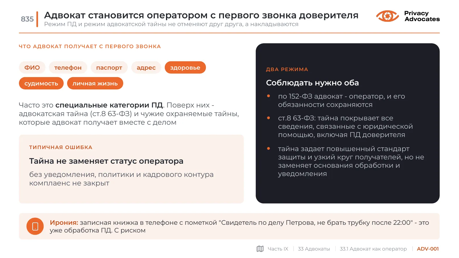 Слайд ADV-001: Адвокат становится оператором с первого звонка доверителя