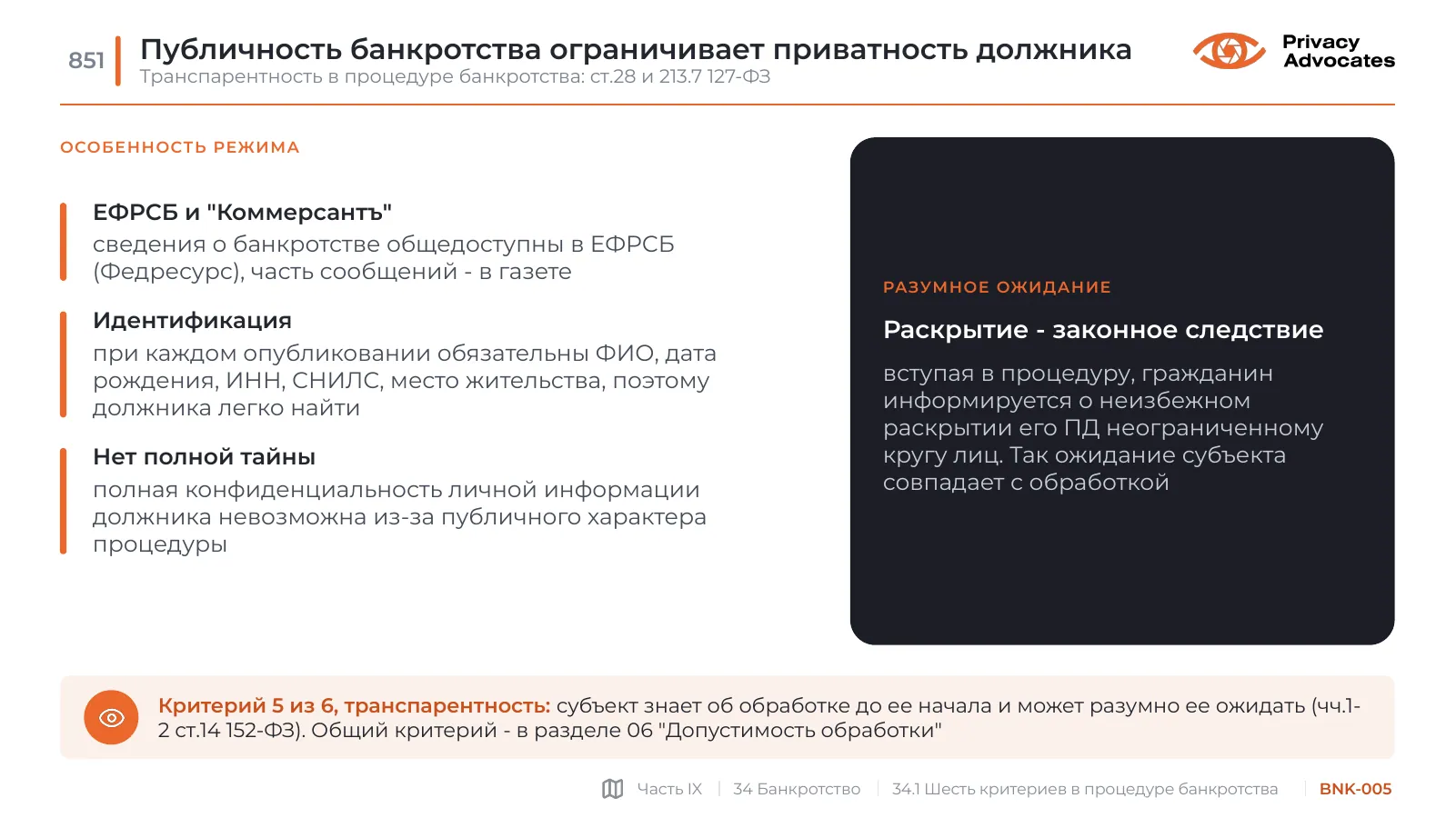 Слайд BNK-005: Публичность банкротства ограничивает приватность должника