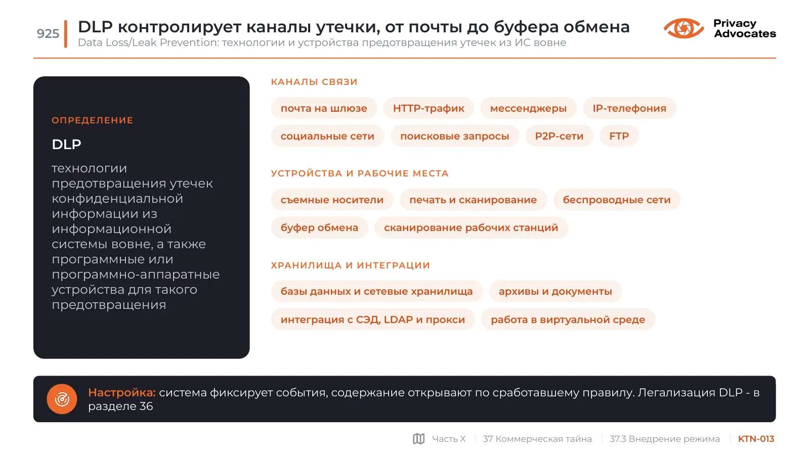 Слайд KTN-013: DLP контролирует каналы утечки, от почты до буфера обмена